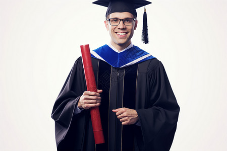 成功的大学毕业生拿着红色毕业证书在镜头前微笑。图片
