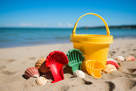 夏季沙滩上儿童玩耍的玩具背景图片