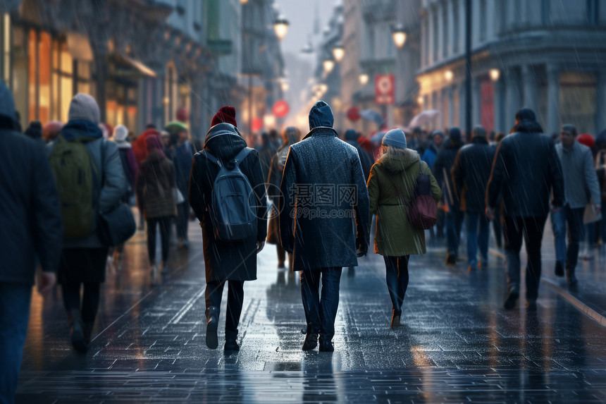 雨天商业街行走的人群图片