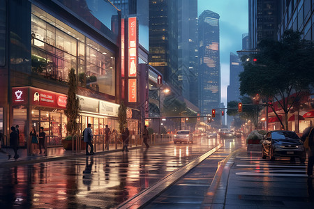 夜晚路人繁忙的城市商业街设计图片