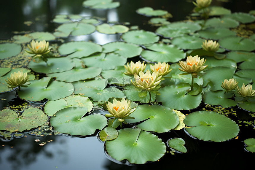 一池的绿色睡莲图片