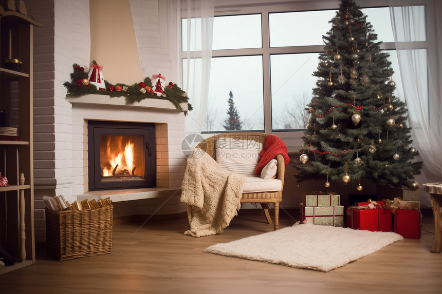 沙发旁的圣诞树图片