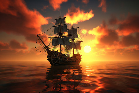 夕阳下海洋里航行的船图片
