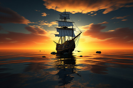夕阳下海上漂浮的船图片