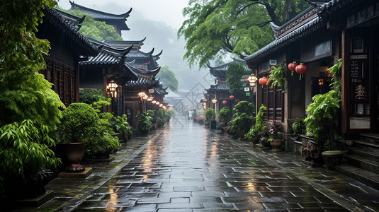 下雨后的古城巷道图片