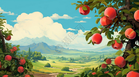 苹果庄园丰收的苹果园插画