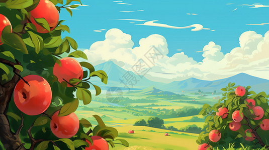 水果庄园枝头熟透的苹果树插画