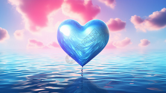 漂浮蓝色爱心海面上的蓝色气球插画