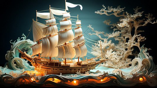 扬帆的船模型插画