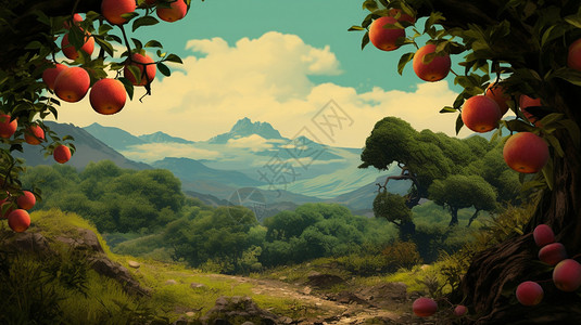 山坡上的苹果树背景图片