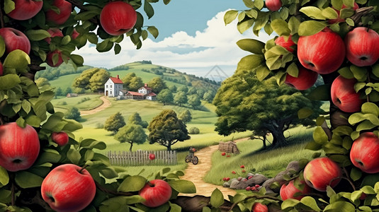 苹果庄园农庄里的红苹果插画