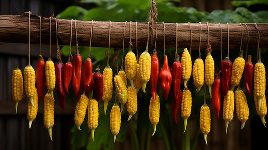 悬挂玉米自然晾晒的蔬菜插画