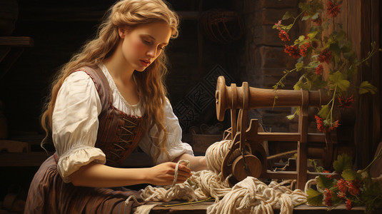 纺织美女屋子里纺织的女孩背景