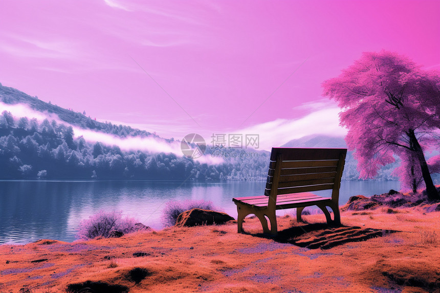 湖边粉色的天空图片