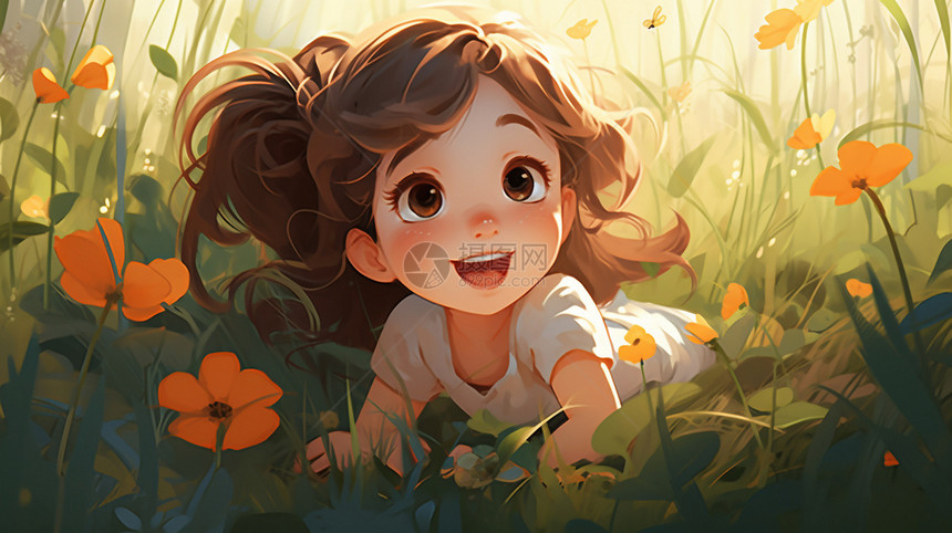 趴在草丛里的小女孩图片
