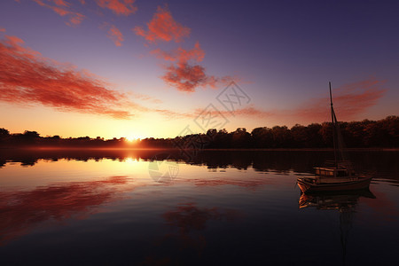朝阳下湖中央的船图片