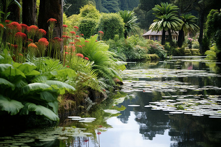 宁静的公园池塘背景图片