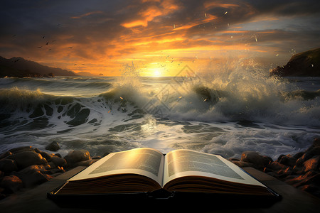 海浪冲击的书本图片