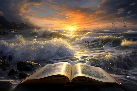 巨浪前摊开的书背景图片