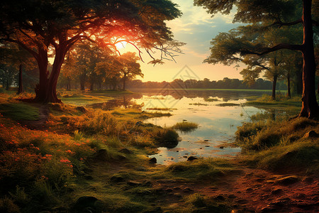 夕阳下的湖边美景背景图片