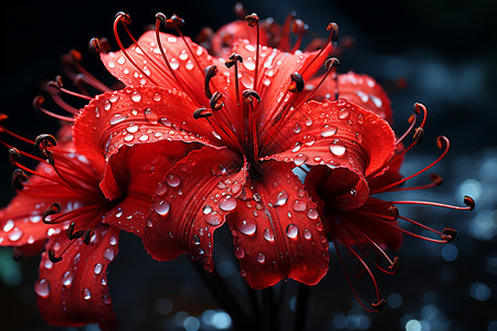 红花花瓶美丽的花朵在细雨中绽放设计图片