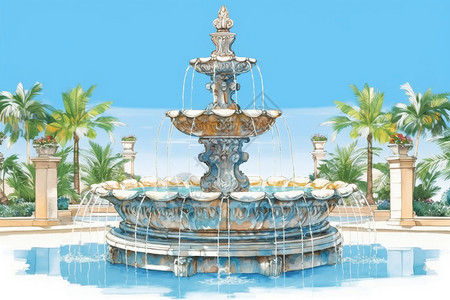 欧式水景园林中的豪华喷泉建筑插画