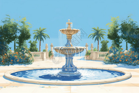 园林欧式优雅的喷泉建筑插画