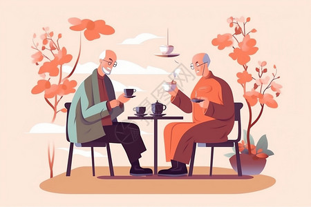 茶与开心素材享受时光的老年人插画
