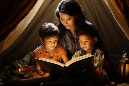 母亲在帐篷中为两个孩子读书高清图片