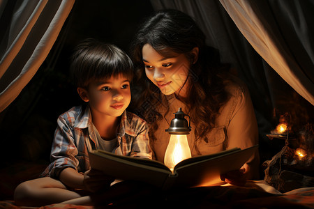 帐篷中电灯夜读的母子高清图片