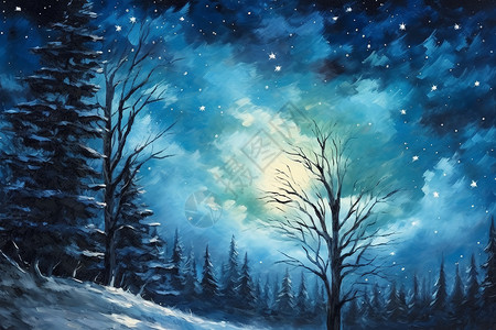 冬季森林夜晚星空的油画插图图片
