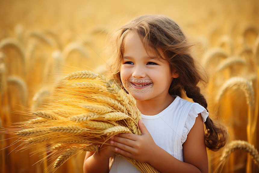 金色稻田中的小女孩图片