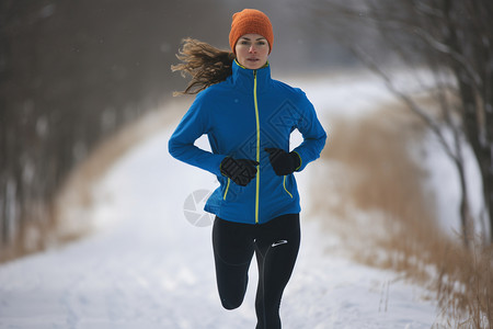冬季户外跑步运动的外国女子图片