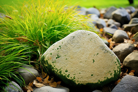翠绿草地上的,岩石图片