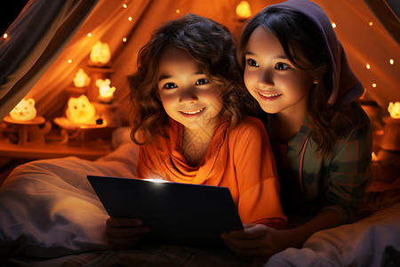 夜晚家庭阅读的姐妹背景图片