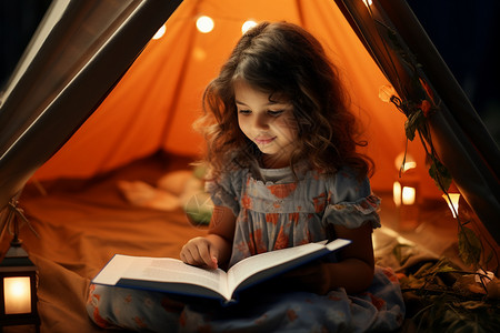 小女孩在帐篷中读书图片