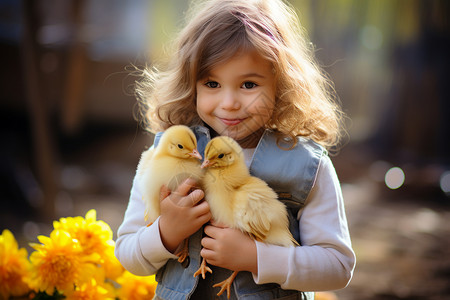 开心撒花小鸡抱着小鸡仔的小女孩背景