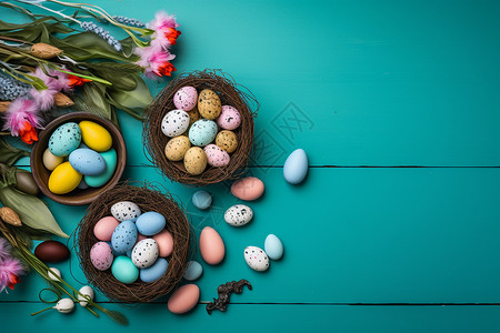 手绘表庆祝复活节的彩蛋和郁金香背景