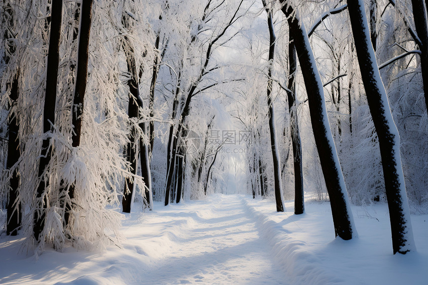 银雪掩映的森林之路图片