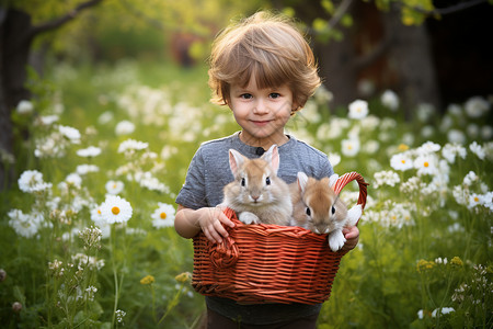 抱着花兔子夏季草地中抱着兔子的小男孩背景