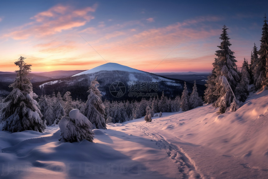 日出时白雪覆盖的森林景观图片
