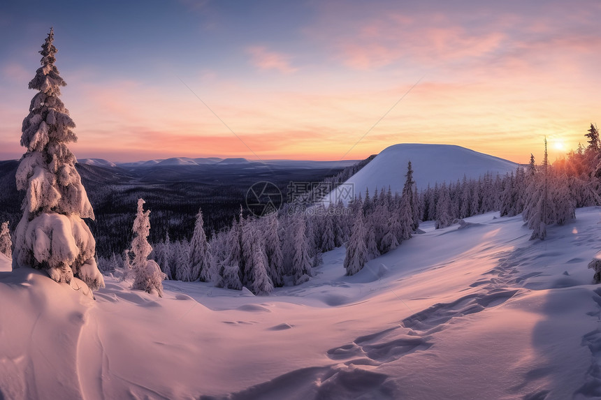 冬季日出时白雪覆盖的森林景观图片