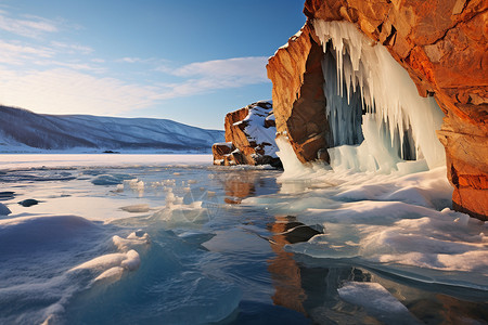万年冰洞冬季雪山下冰湖巨大冰洞背景