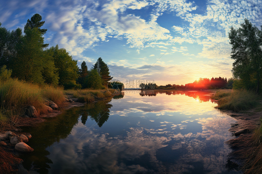 夏季森林湖泊的美丽景观图片