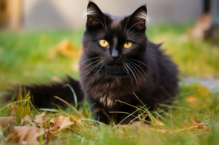 夏天草地上的黑色猫咪图片