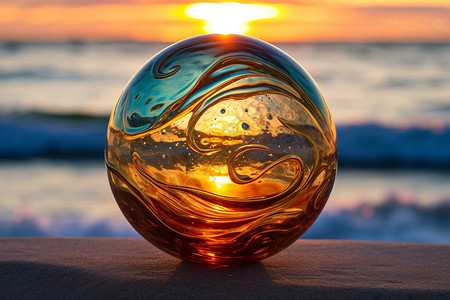 夏季的日落沙滩玻璃球中的美丽景观设计图片