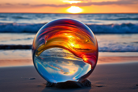 夏季的日落沙滩上的玻璃球设计图片