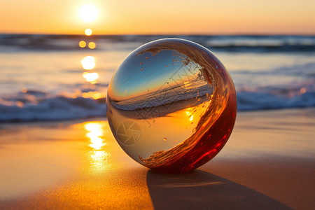 夏季的日落夏季沙滩上的玻璃球设计图片