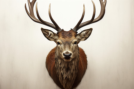 白墙上挂着的野生鹿头标本图片