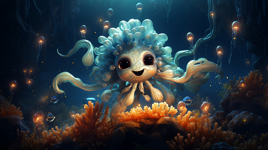 插画海底卡通蓝色海底背景可爱的海底小精灵插画